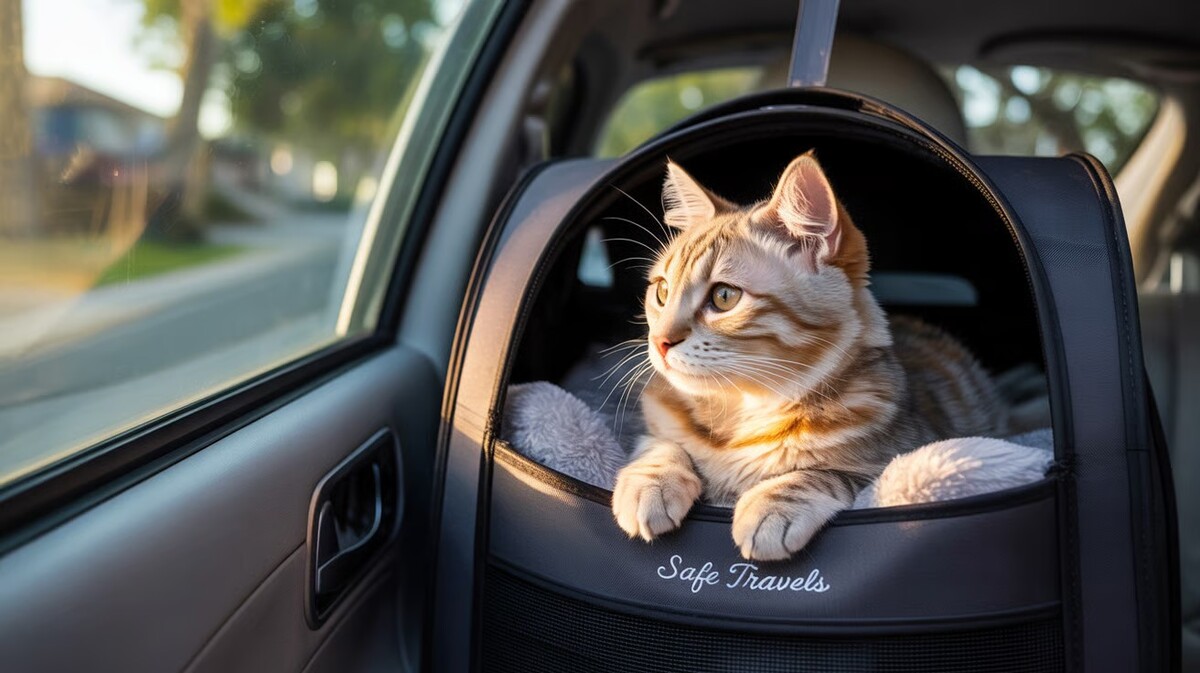 kočka v přepravce během cestování