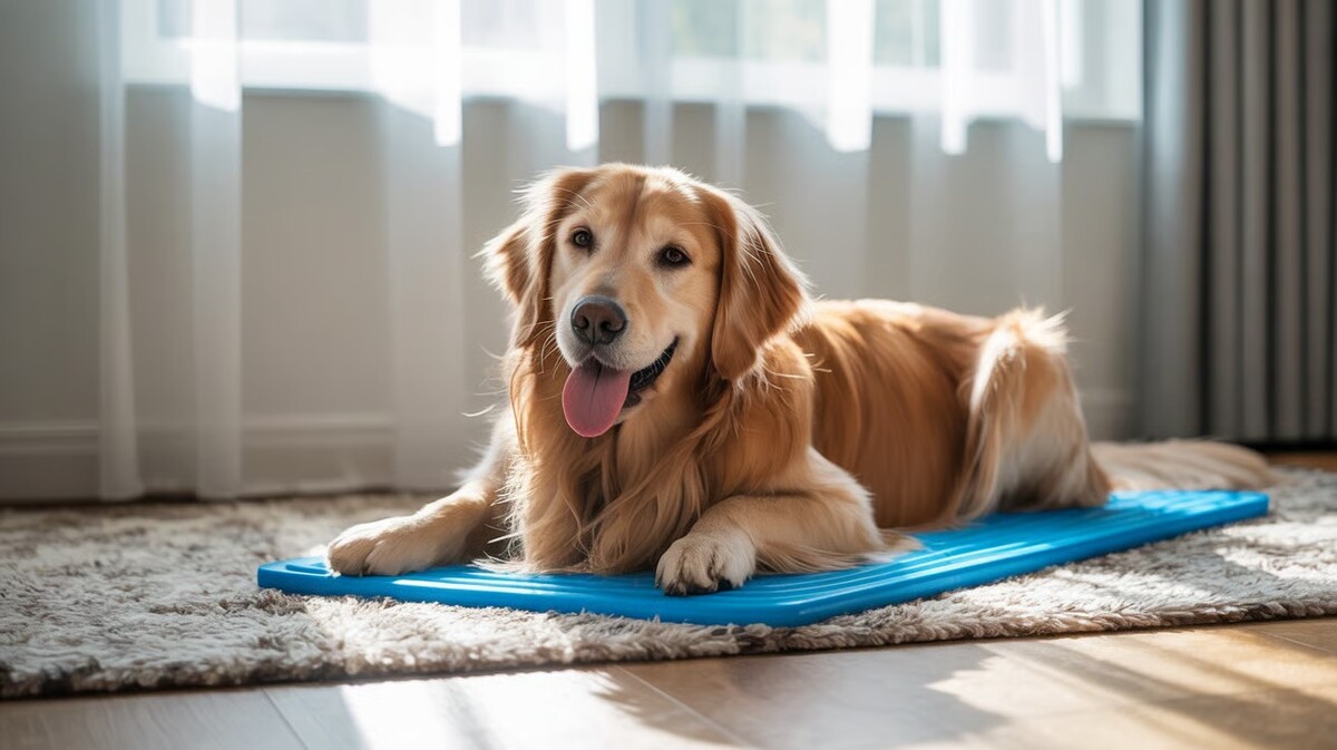 pes ležící na chladící podložce