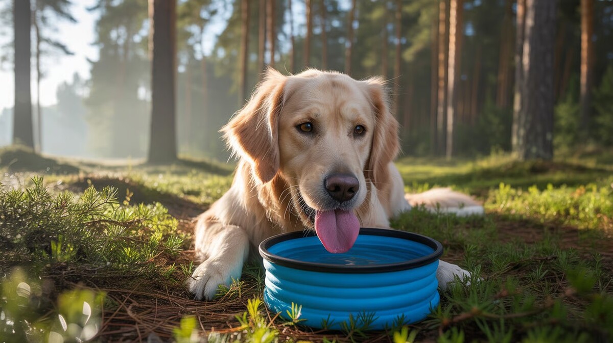 pes pije z misky během túry