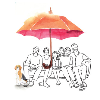 Kresba rodiny pod ochranným deštníkem životního pojištění