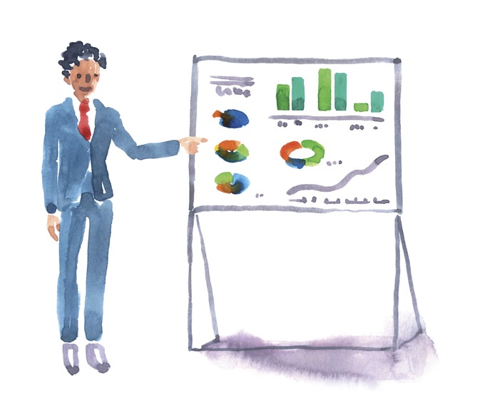 NN Penzijní společnost Skica muže stojícího vedle tabule se znázorněnými grafy